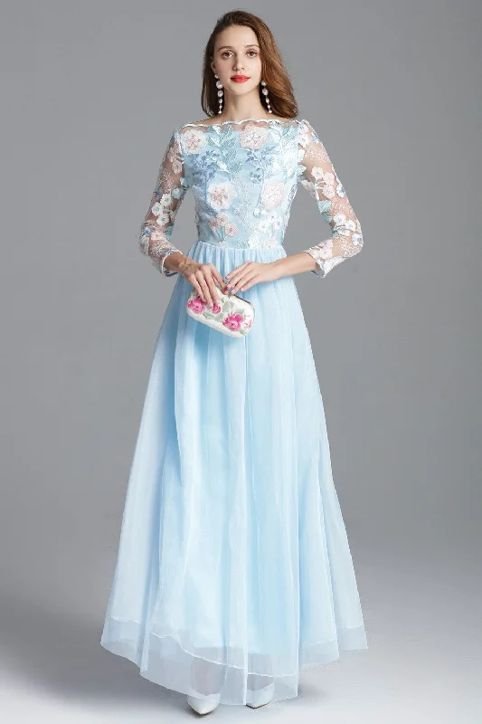 Women's Mandarin-Neck DressesFashionSierra - Embroidery Long Sleeves Party Prom Elegant Floral Maxi Fashion Dresses