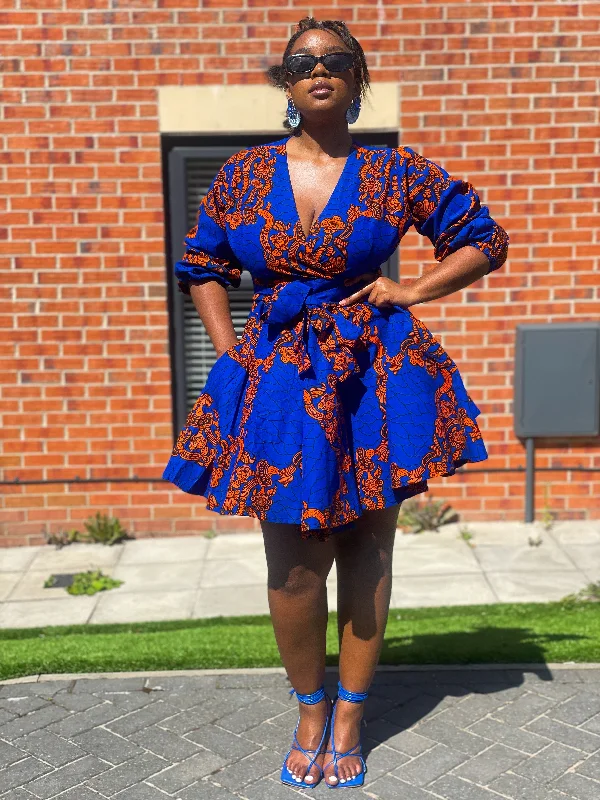 Women's Narrow Collar DressesBekky Ankara Mini Dress | Blue and Orange African Print