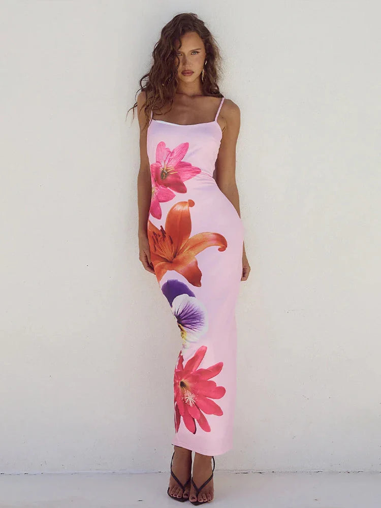 Women's Square-Neck DressesFlower Print Slim Bodycon Spaghetti Strap Backless Sexy Spring Summer Maxi Dress