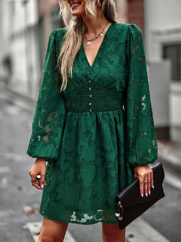 Women's Wide Collar DressesFashionSierra - Chic Hook Flower Hollow Button Full Sleeve Mini Dress