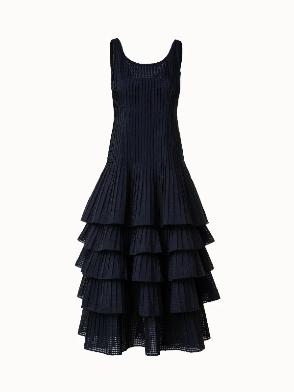 Women's Narrow Collar DressesSleeveless Midi Dress with Pleated Skirt in Semi-Sheer Organza