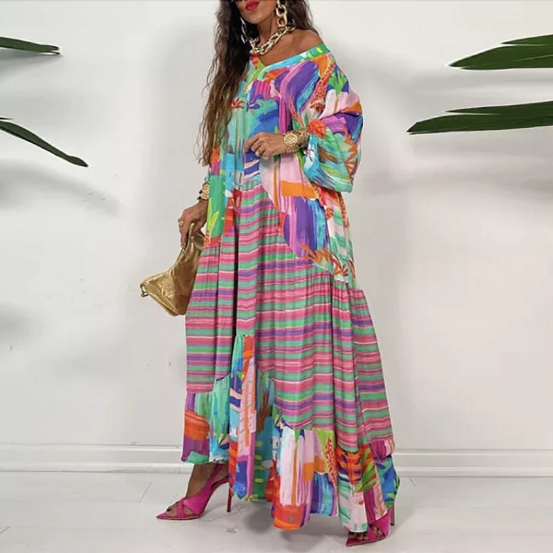 Women's Square Collar DressesFashion Retro Loose Boho Print Maxi Dress