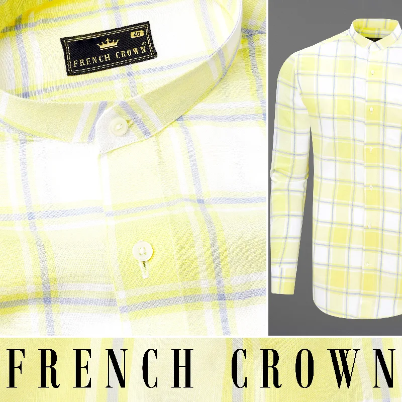 Women's Blouse with Mandarin CollarSandwisp Yellow Plaid Premium Tencel Linen Blend Shirt