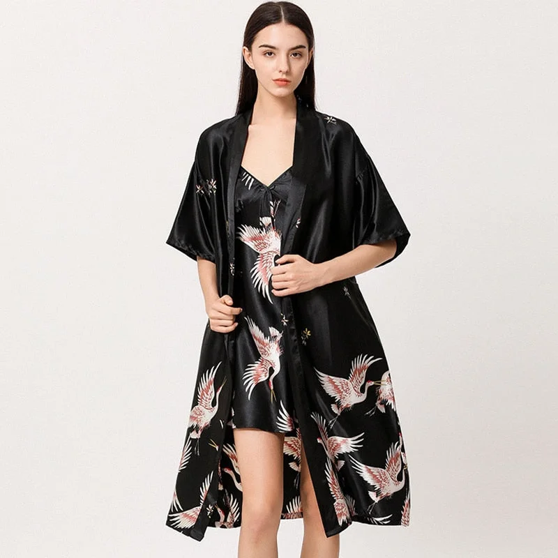 women's pajamas for those who seek ultimate relaxationWomen Nightgown Ice Silk Chinese Style Crane Print Half Sleeve Kimono Bathrobe Bride Bridesmaid Wedding Long Robe Non-suit