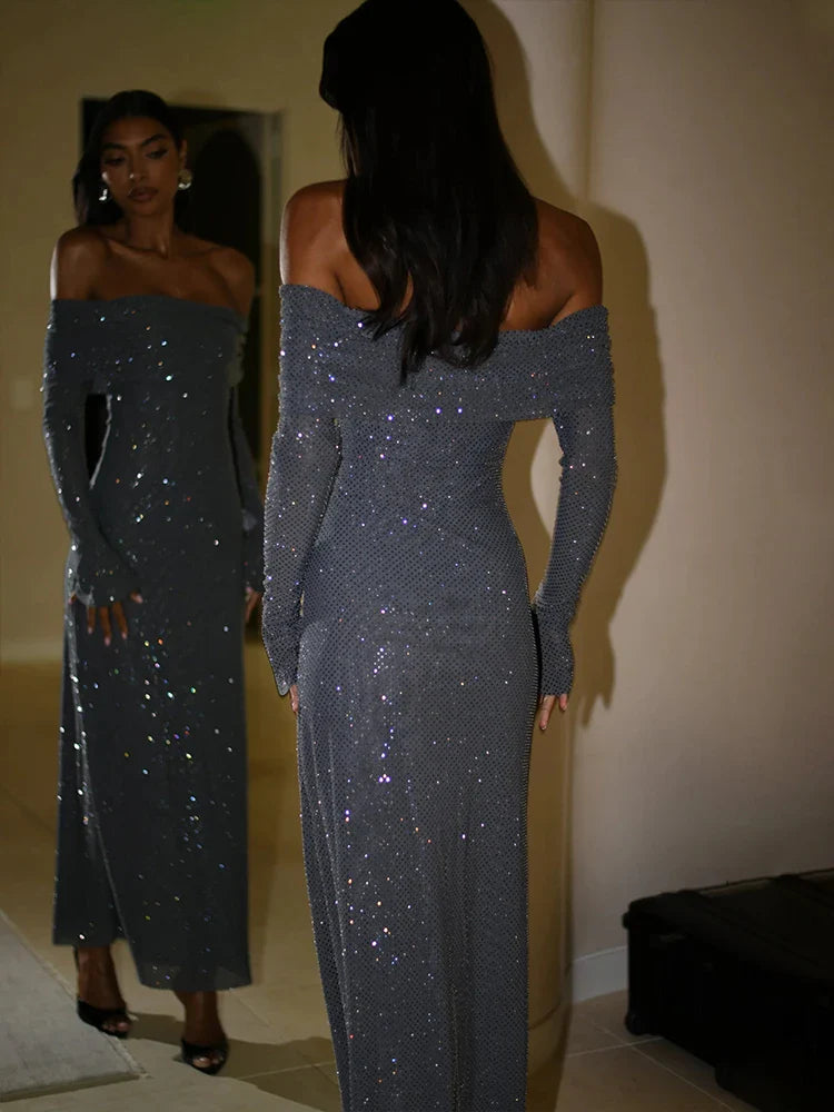 Women's Keyhole-Back DressesOff Shoulder Long Sparkle Glitter Nightclub Sexy Autumn Winter Maxi Dress