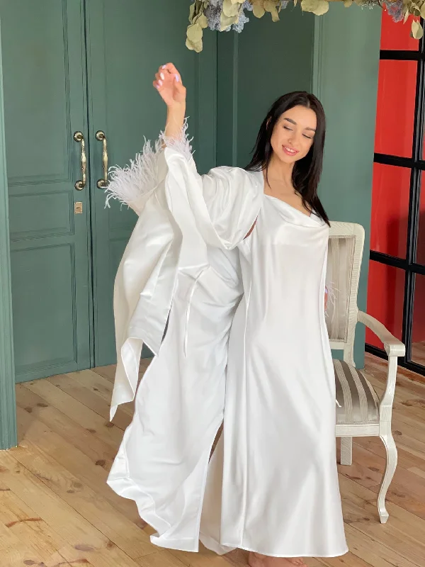 women's pajamas for those who cherish their bedtime routinesBride Getting Ready Robe Long White Satin with Feather