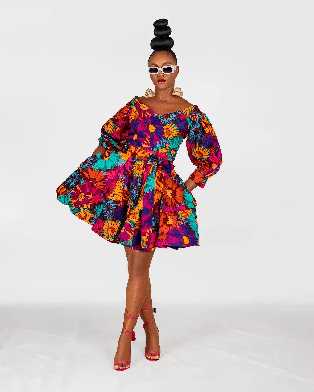 Women's Notched Collar DressesPamela Ankara Mini Dress | Pink and Blue Multicoloured African Print