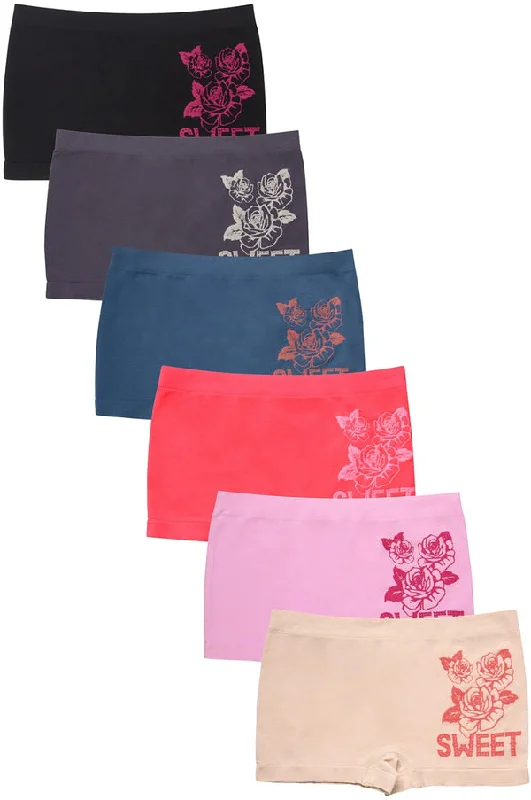 high-cut lace panties for a flirty lookPACK OF 6 SOFRA WOMEN'S SEAMLESS "SWEET" FLORAL GRAPHIC BOYSHORTS (LP0248SB)