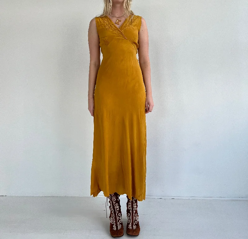 women's pajamas designed for those who believe in sweet dreams and cozy nights.Hand Dyed Mustard Yellow Silk Slip Dress