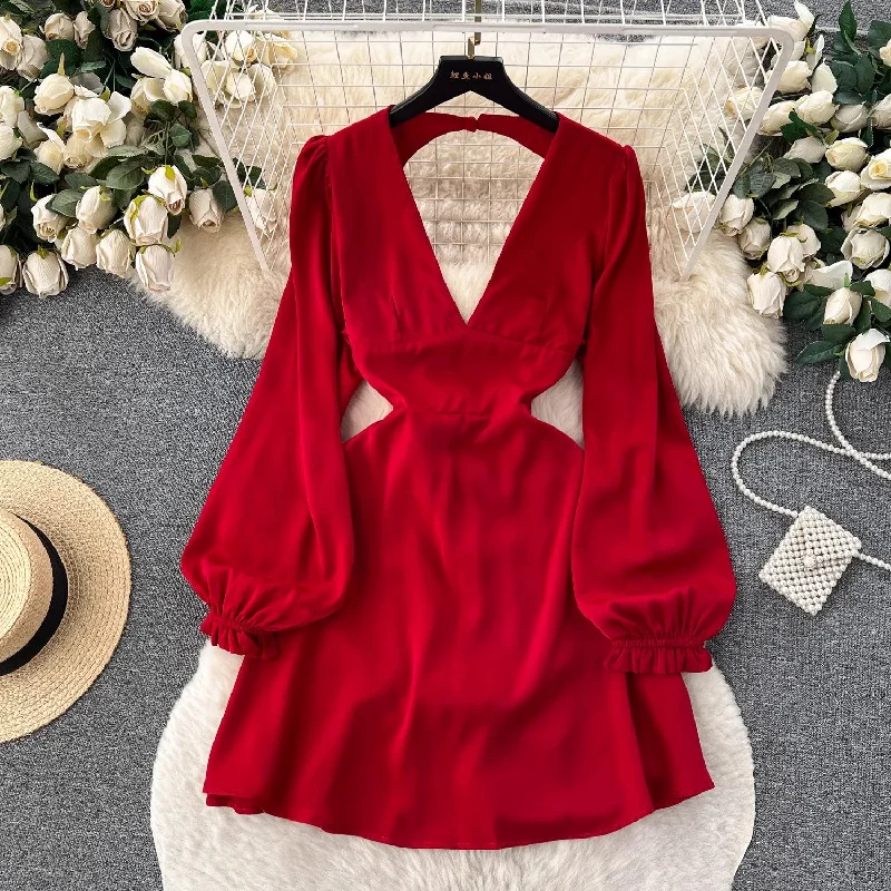 Women's V-Shaped Collar Dresseshot girl deep V-neck backless puff-sleeve dress for women party dress      S4588