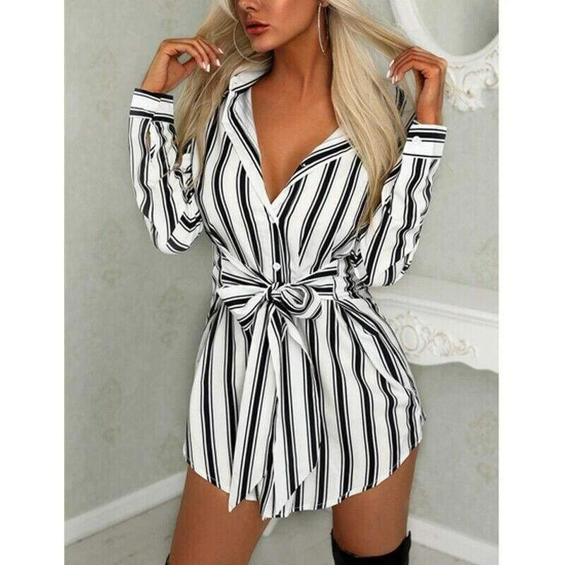 Women's Mandarin-Neck DressesFashionSierra - Women Fashion Long Shirt Dress Ladies V-neck Striped Print Casual Summer Mini Dress Short Mini Dress