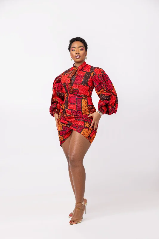 Women's U-Shaped-Neck DressesBonnie Ankara Short Mini Dress | Red and Orange African Print