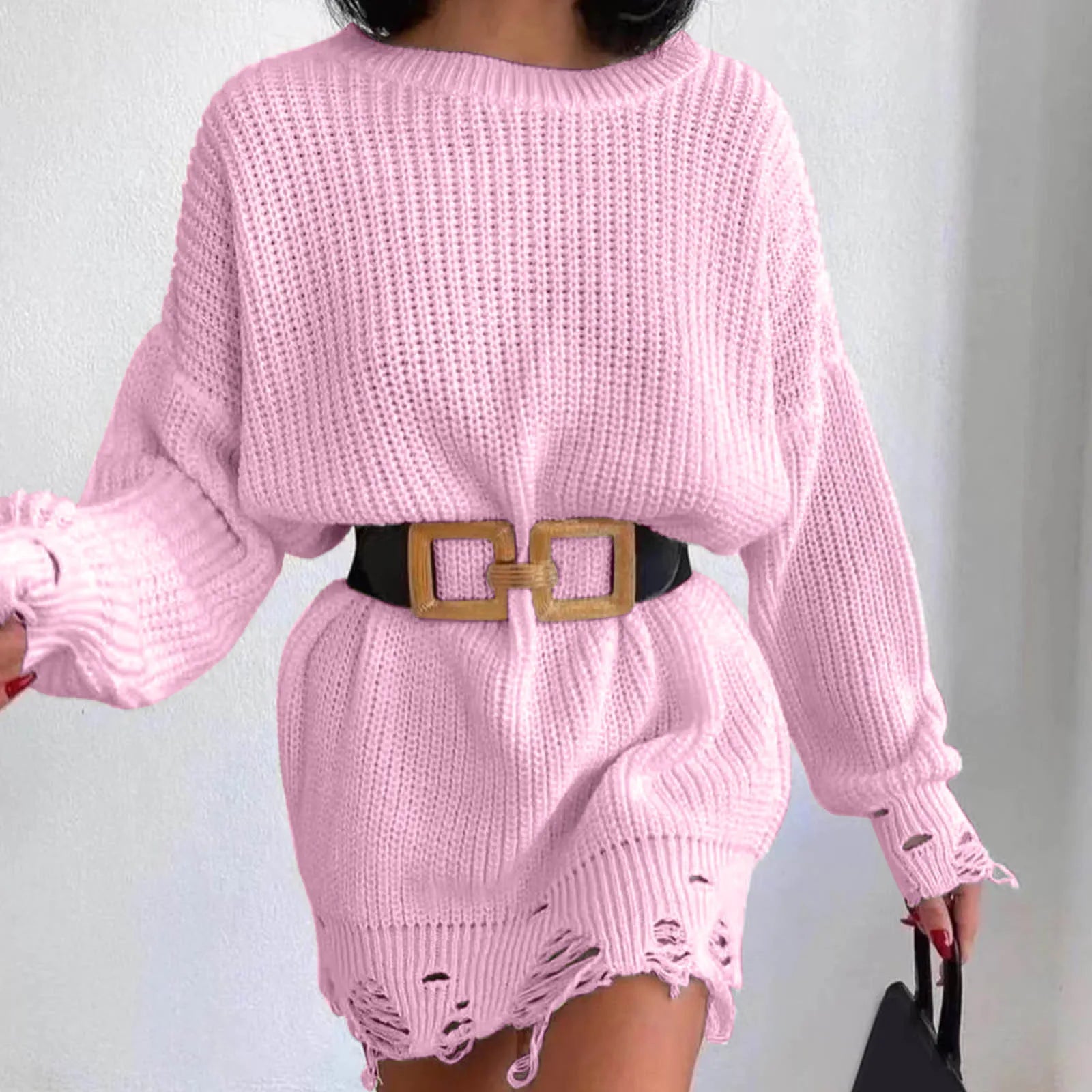 Women's Wide Collar DressesFashionSierra - Autumn Knitted Pullover Solid Office Lady Mini Fashion Warm Winter Sweater Hem Ripped Dress