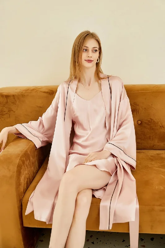 women's pajamas for those who seek cozy, all-night comfortGift Set | Pure Silk Baby Pink Kimono Robe & Slip Dress | 22 Momme | Float Collection