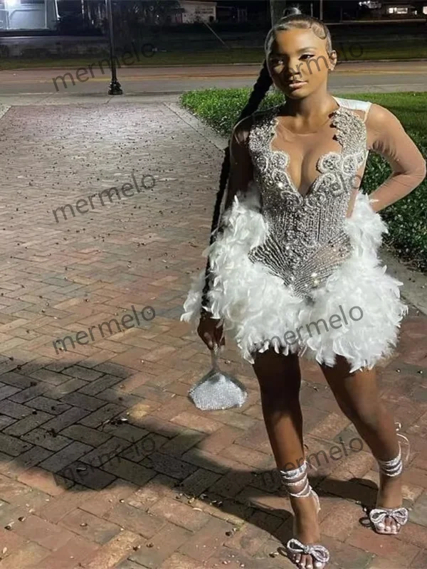 Women's Collarless DressesWhite Cocktail Party Dress Crystal Beaded African Birthday