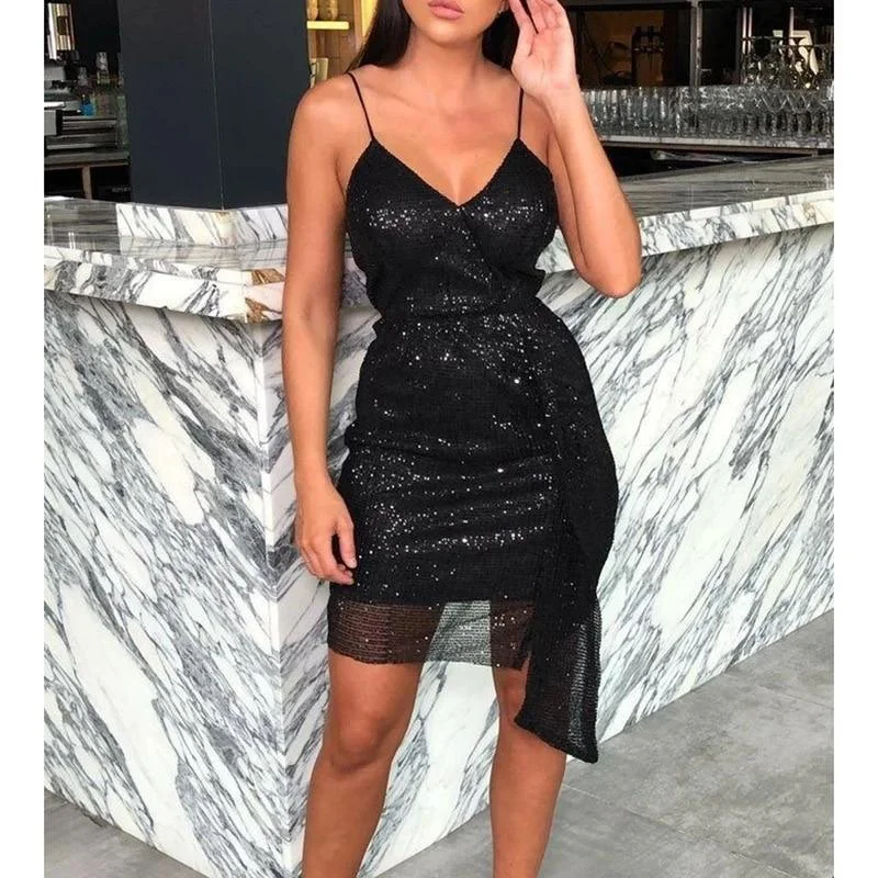 Women's Narrow Collar DressesFashionSierra - Irregular slim strap sequined dress women strapless cut out bodycon dress clubwear summer  mini sequins vestidos mujer