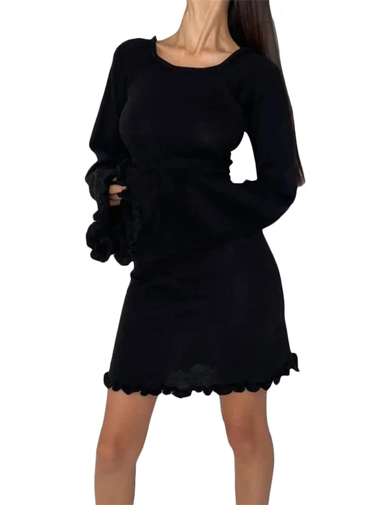 Women's Low Collar DressesFashionSierra - Knitted Long Flare Sleeve Mini Dress