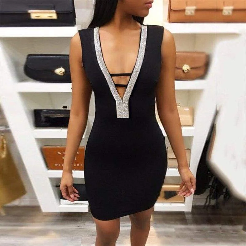 Women's Low-Neck DressesFashionSierra - Women Deep V- Neck Sequin Bandage Bodycon Dress Summer Sexy Ladies Backless Party Short Slim Fit Mini Dresses