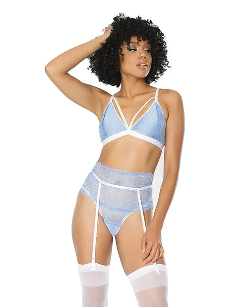 lace overlay braScallop Stretch Lace Bra, Garter Belt & G-string Light Blue-white S-m