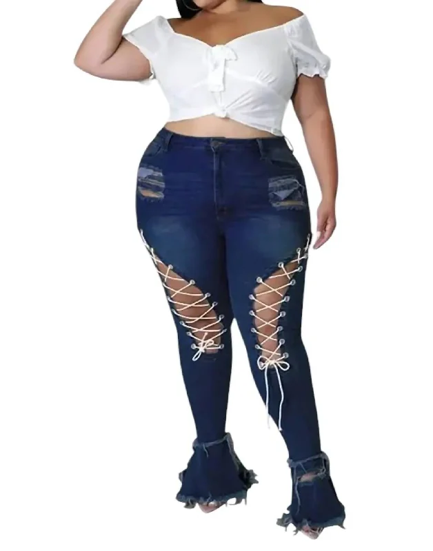 Women's SweatpantsLace Up Jeans In Dark Blue