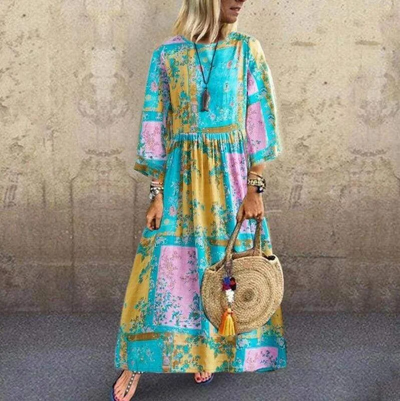 Women's Rounded Collar DressesFashionSierra - Boho Floral Long Maxi Sundress