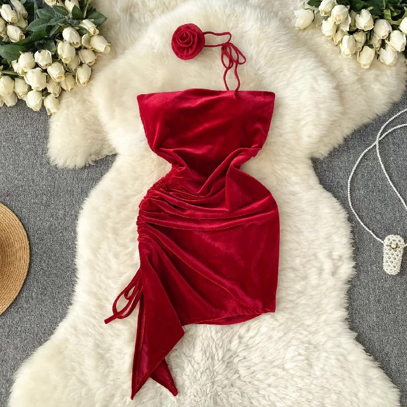 Women's Lapel Collar DressesChristmas party skirt strapless irregular velvet dress      S4616