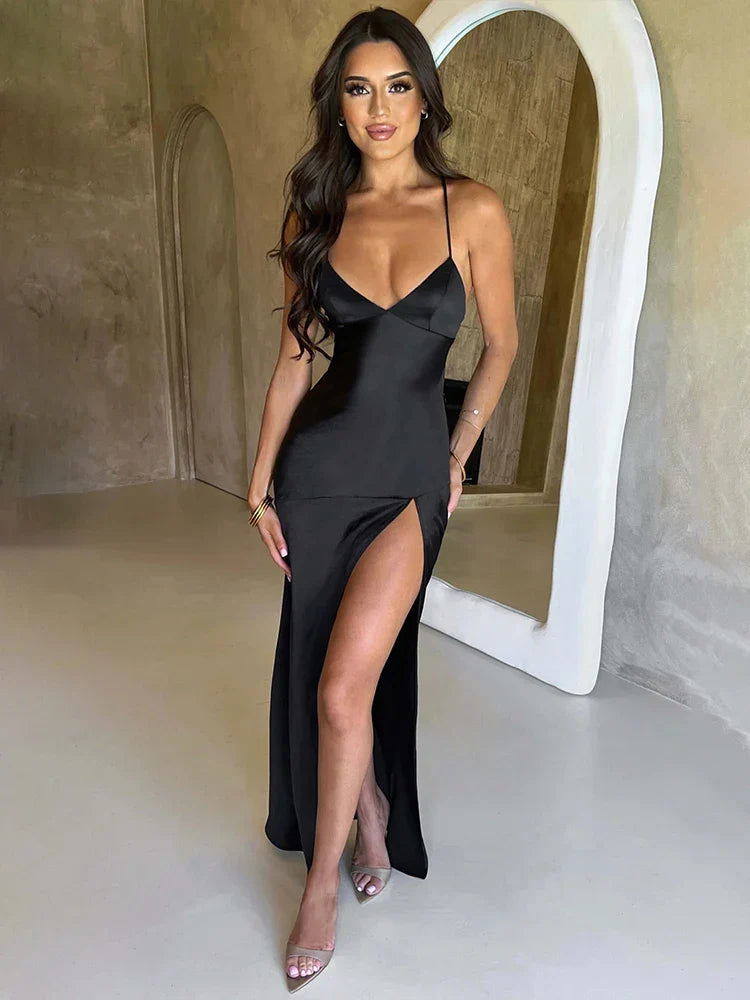 Women's Keyhole-Neck DressesLong Slim Bodycon Spaghetti Strap Split Nightclub Sexy Spring Summer Maxi Dress