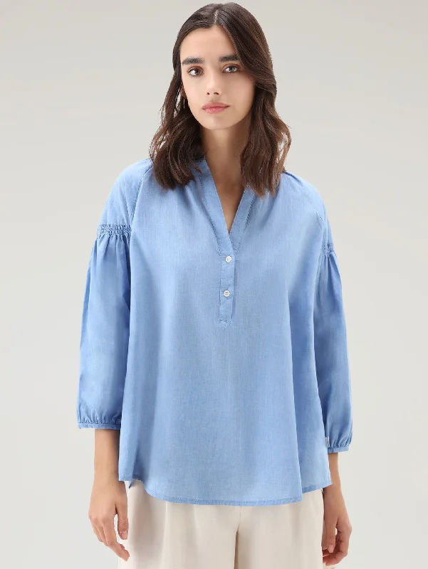 Women's Blouse with Collarless NeckBlusa in Chambray Voluminosa Indigo