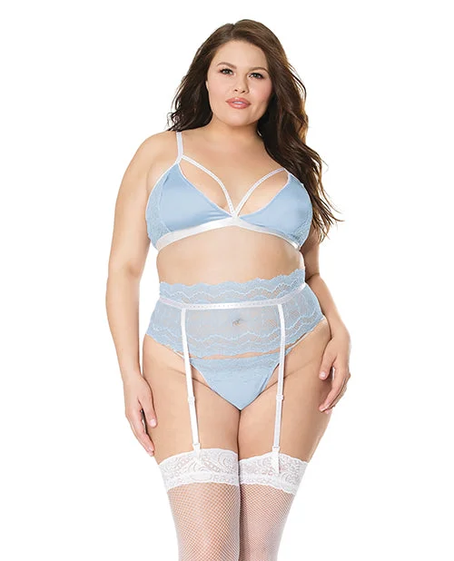 plus-size demi braScallop Stretch Lace Bra, Garter Belt & G-string Light Blue-white 2x