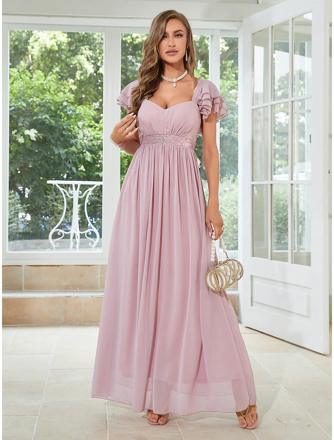 Women's Keyhole Collar DressesA-Line Wedding Guest Dresses Elegant Dress Party Wear Floor Length Short Sleeve Square Neck Chiffon with Ruffles