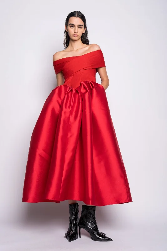 Women's Street Style SkirtsRED OFF SHOULDER FULL SKIRT DRESS