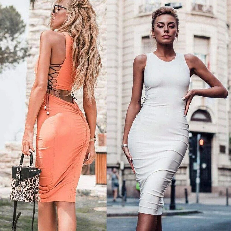 Women's Square Collar DressesFashionSierra - Bodycon Dress Women Sexy Bandage Side Hollow Out Package Hip Gown Dress Ladies Club Party Slim Short Mini Dress