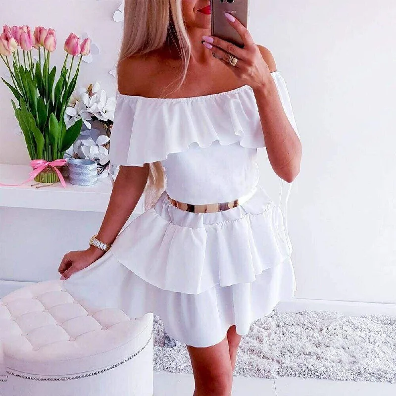 Women's Keyhole-Back DressesFashionSierra - New Women Wrap Summer Boho Off Shoulder Mini Skater Dress Ladies Holiday Casual Beach Sundress Fashion Formal Dress