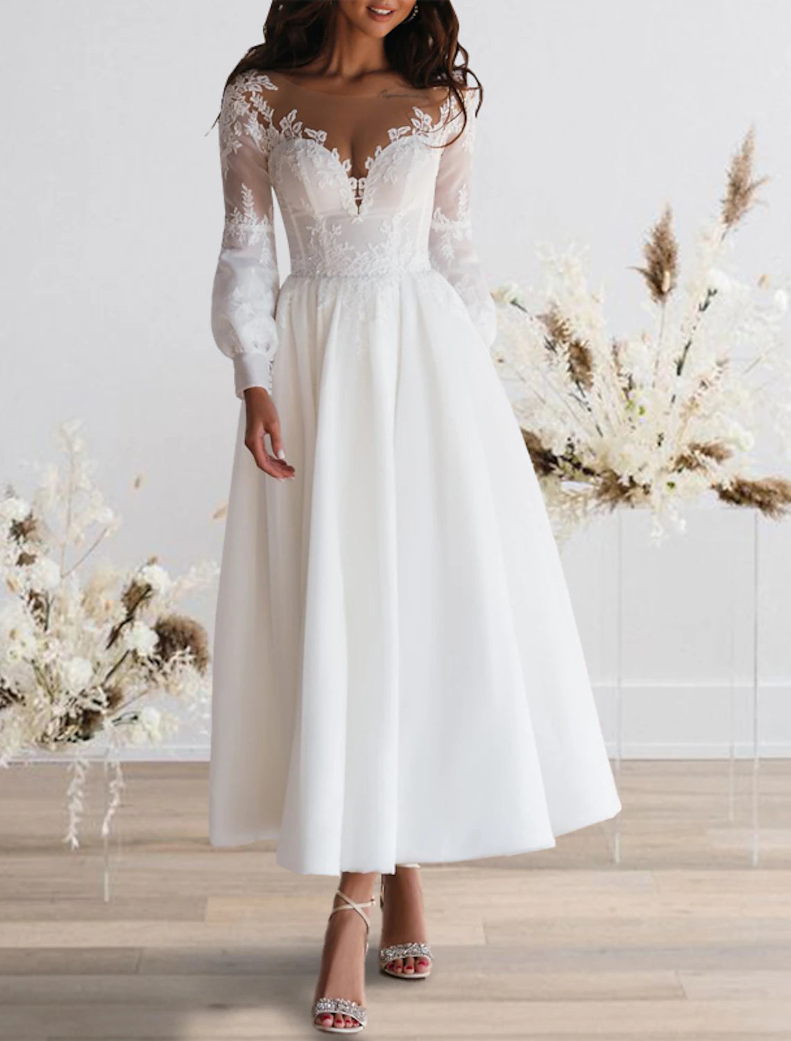 Women's Low Collar DressesReception Fall Wedding Dresses Vintage 1940s / 1950s Little White Dresses A-Line Illusion Neck Long Sleeve Ankle Length Chiffon Bridal Gowns With Appliques Summer Wedding Party