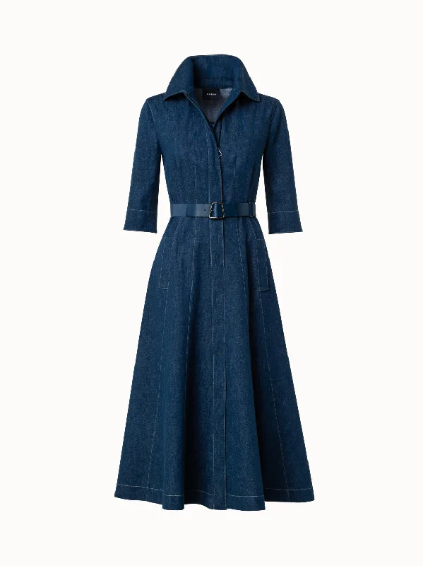 Women's Narrow Collar DressesStretch Denim Midi Dress