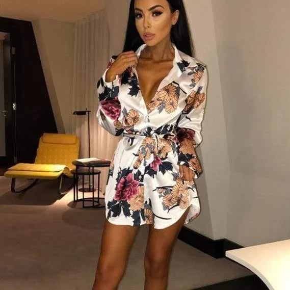 Women's Keyhole-Neck DressesFashionSierra - Summer Women Silk Satin Shirt Dress Ladies Print Floral Long Sleeve Loose Short Mini Dresses Beach Party Dress