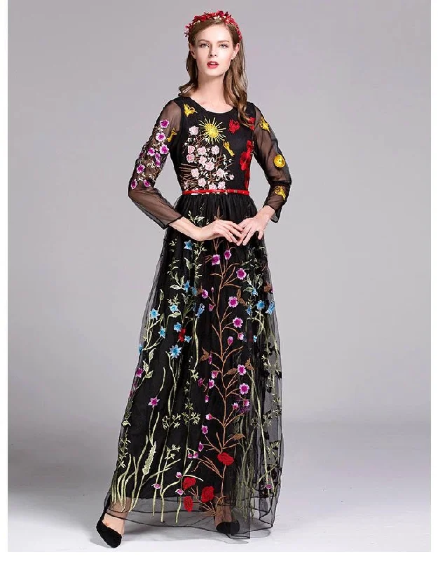 Women's Keyhole Collar DressesFashionSierra - Embroidery Layered Floral Maxi Dresses