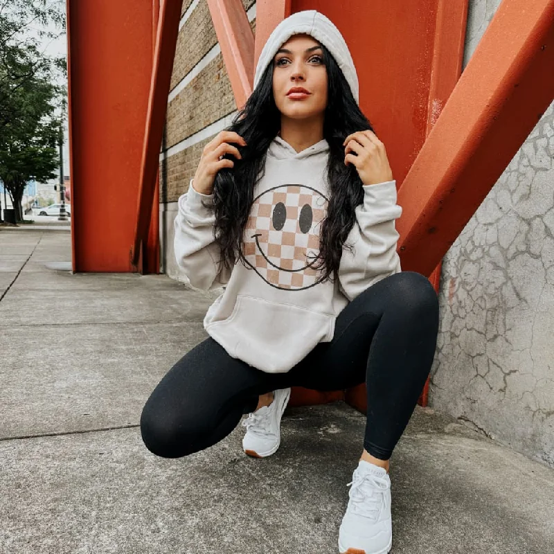 Women's Hooded Sweatshirts with Rayon LiningNeutral Checkerboard Smiley Hoodie