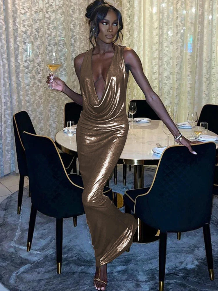 Women's Short-Sleeve DressesSlim Elegant Deep V Neck Backless Sexy Party Gold 2024 Maxi Dress