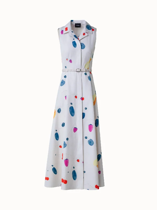 Women's Lapel Collar DressesCotton Midi Dress with Fruits Print