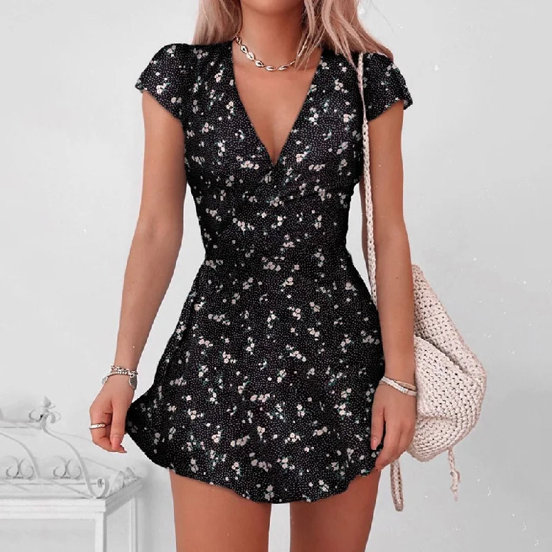 Women's Sweetheart Collar DressesFashionSierra - Floral Print Wrap Short Sleeve V Neck High Waist Mini Dress