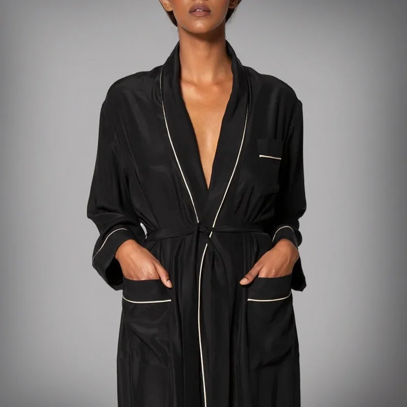 women's pajamas with pockets on legsTHE ROBE - Black with Crème Piping