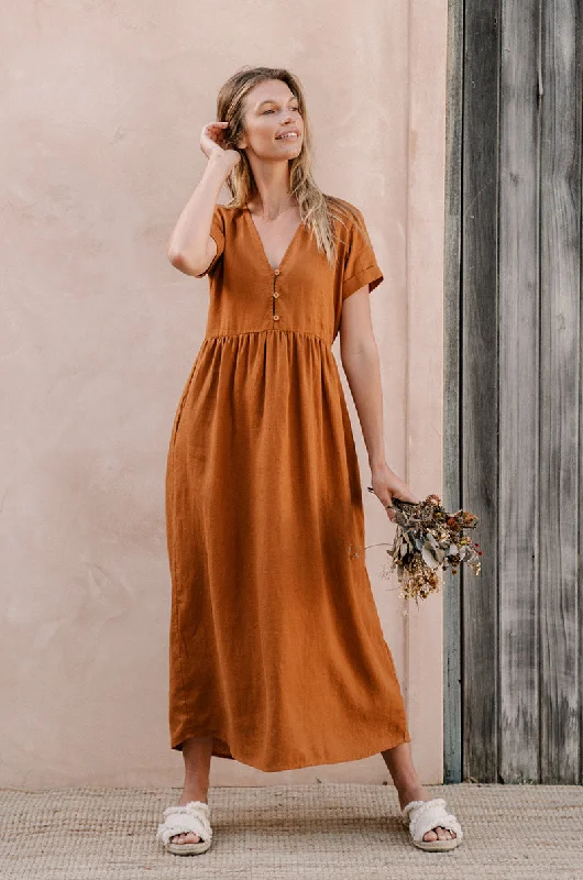 Women's Cap-Sleeve DressesSUNSEEKER Midi Dress - ochre linen