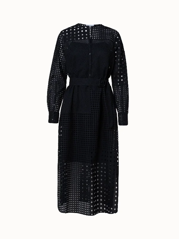 Women's U-Shaped-Neck DressesCotton Eyelet Embroidery Patchwork Midi Dress