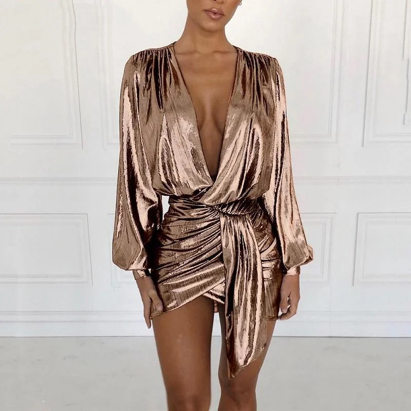 Women's Boat-Back DressesFashionSierra - Metallic plunge party dress Women Lantern sleeve wrap dresses v neck sashes summer dress Back ruched irregular mini vestido