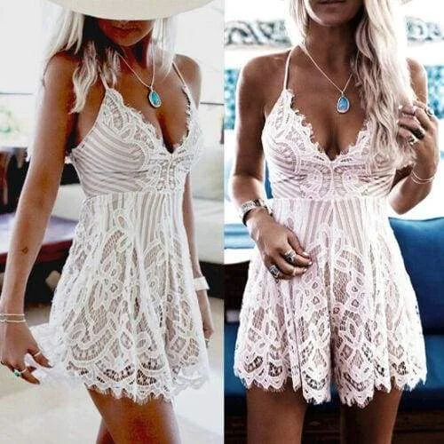 Women's Flared DressesFashionSierra - Summer Women Lace Short Mini Dress Ladies Bodycon Sleeveless Summer Holiday Party Boho Beach Mini Dress Sundress