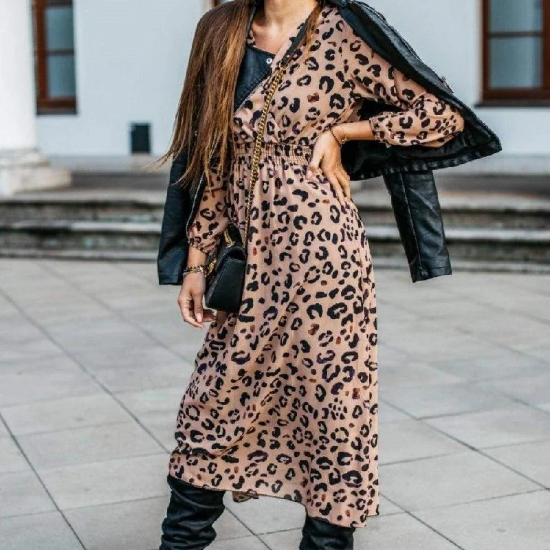 Women's Keyhole-Back DressesFashionSierra - Fashion Women's Long Sleeve Leopard Print Long Shirt Dress Sexy Ladies V Neck Loose Party Wrap Shirt Maxi Dress