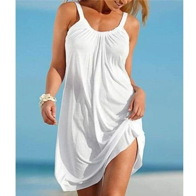 Women's Pleated DressesFashionSierra - Summer Women Beach Mini Sundress Ladies Sleeveless Short Mini Dress Holiday Party Solid Casual Dresses