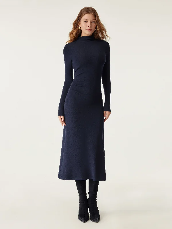 Women's Sweetheart Collar DressesHeat-Tech Long Sleeves Mockneck Tucks Midi Dress