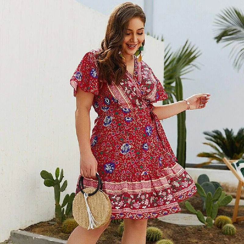 Women's Square Collar DressesFashionSierra - Plus Size Women Short Sleeve Wrap Boho Floral Mini Dress Fashion Ladies Summer Sundress Casual V Neck Holiday Beach Clothes